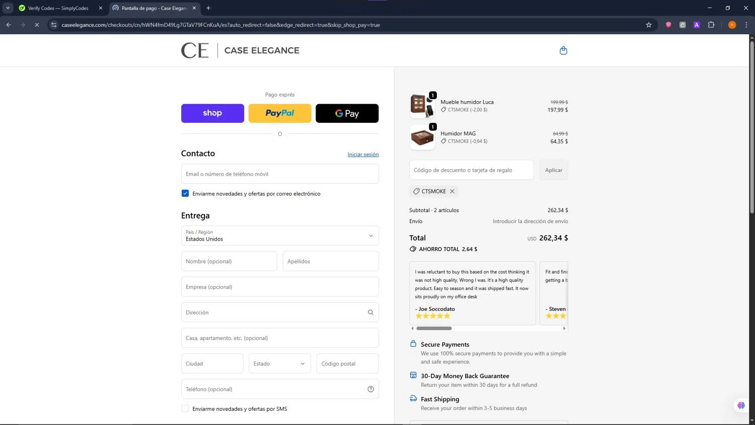 Case Elegance discount code screenshot showing code CTSMOKE applied at Case Elegance checkout page. Uploaded by SimplyCodes community member NobleScholar188 on Oct 29, 2025