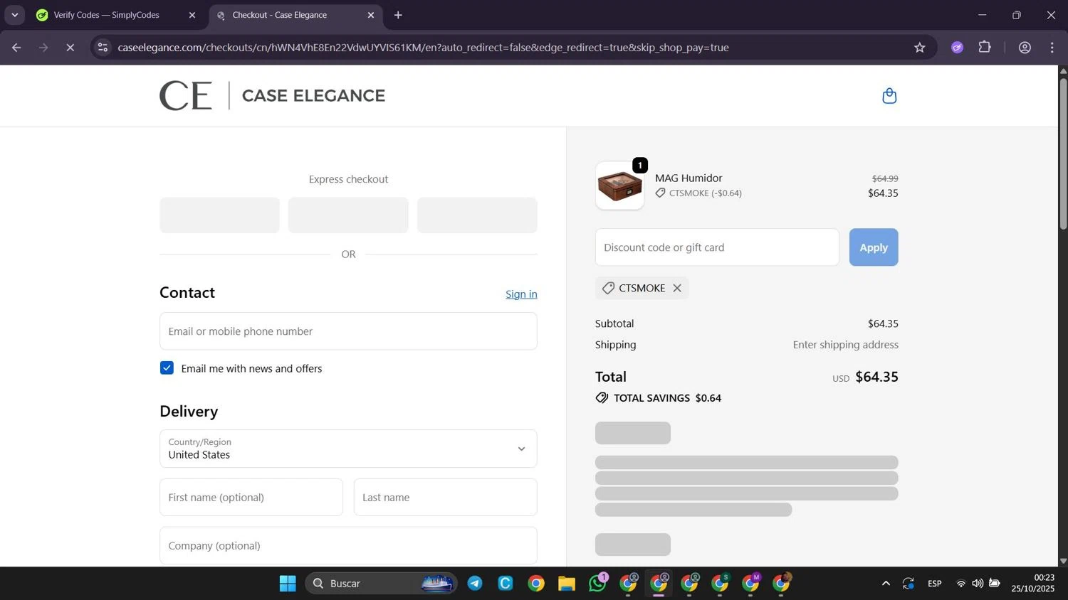 Case Elegance discount code screenshot showing code CTSMOKE applied at Case Elegance checkout page. Uploaded by SimplyCodes community member Puppet on Oct 25, 2025