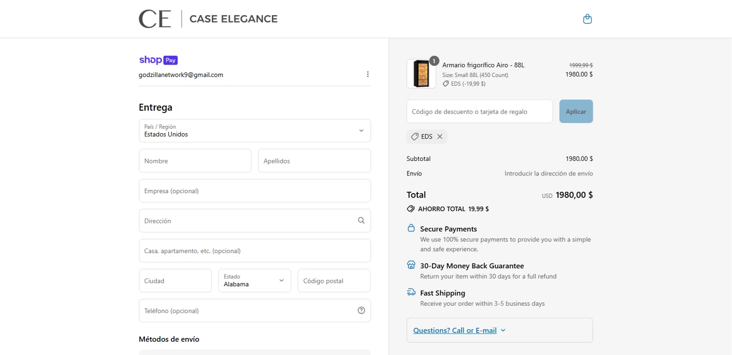 Case Elegance discount code screenshot showing code EDS applied at Case Elegance checkout page. Uploaded by SimplyCodes community member dimitriv on Jul 17, 2025