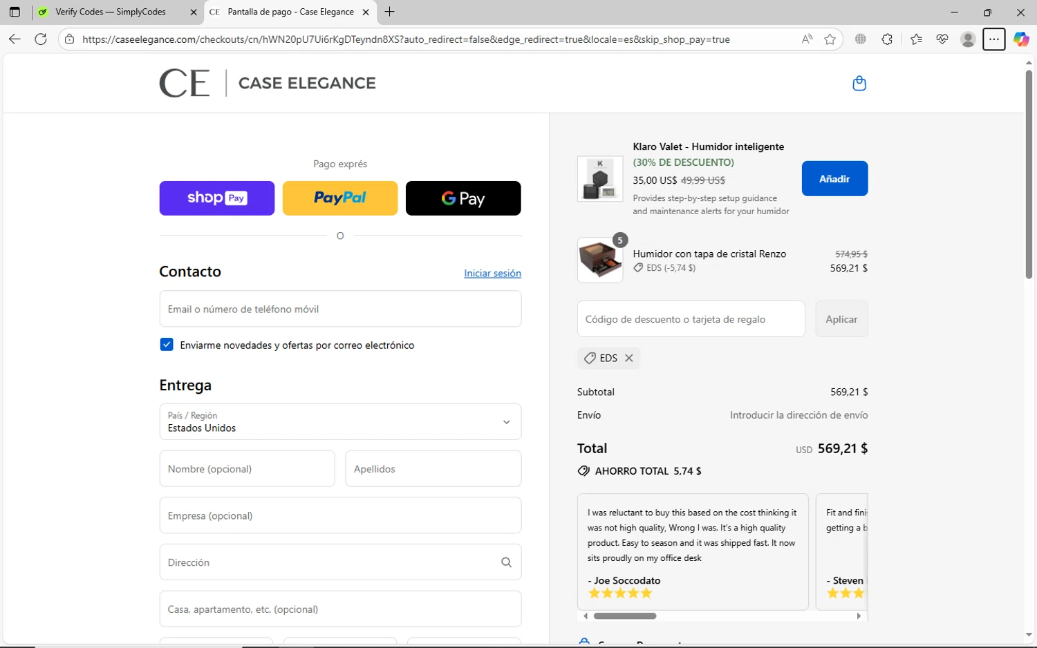 Case Elegance discount code screenshot showing code EDS applied at Case Elegance checkout page. Uploaded by SimplyCodes community member jechtff10 on Aug 20, 2025