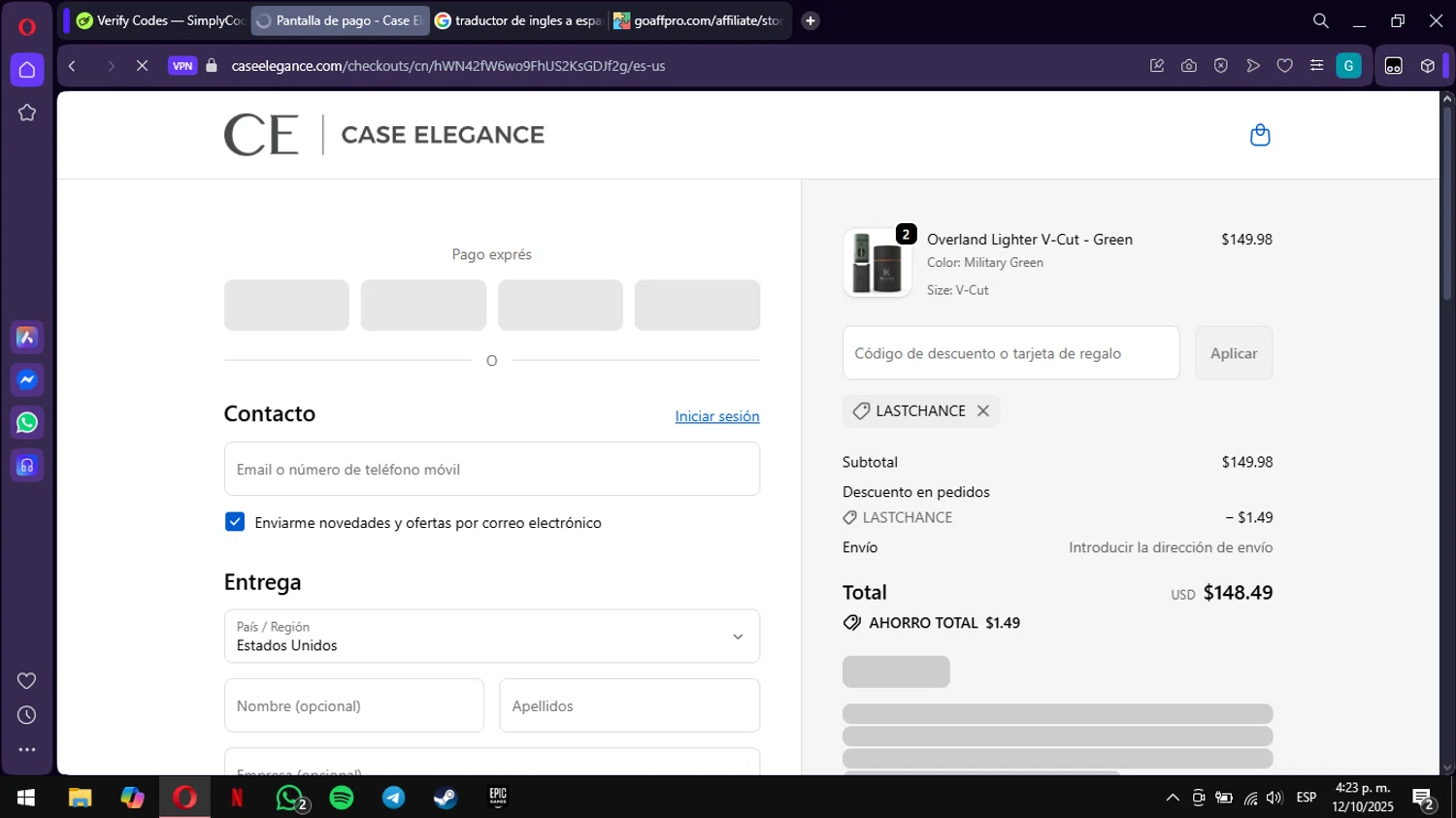 Case Elegance discount code screenshot showing code LASTCHANCE applied at Case Elegance checkout page. Uploaded by SimplyCodes community member ValiantWarden3907 on Oct 12, 2025