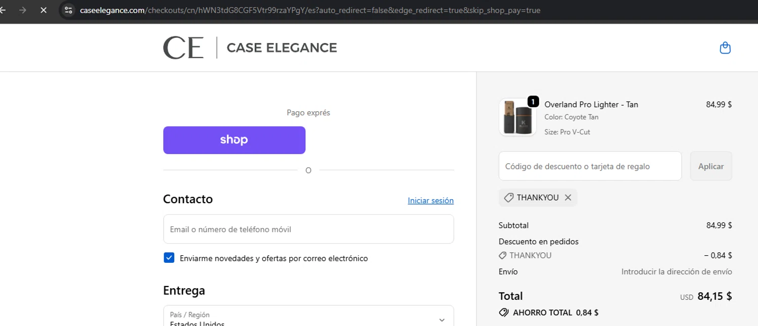 Case Elegance discount code screenshot showing code thankyou applied at Case Elegance checkout page. Uploaded by SimplyCodes community member Limon02 on Oct 9, 2025