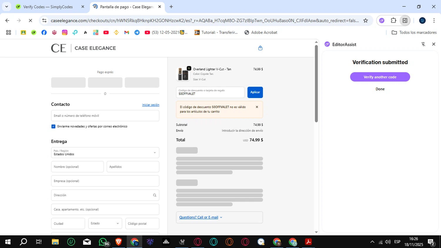 Case Elegance discount code screenshot showing code 50OFFVALET applied at Case Elegance checkout page. Uploaded by SimplyCodes community member SunJinWoo on Nov 18, 2025