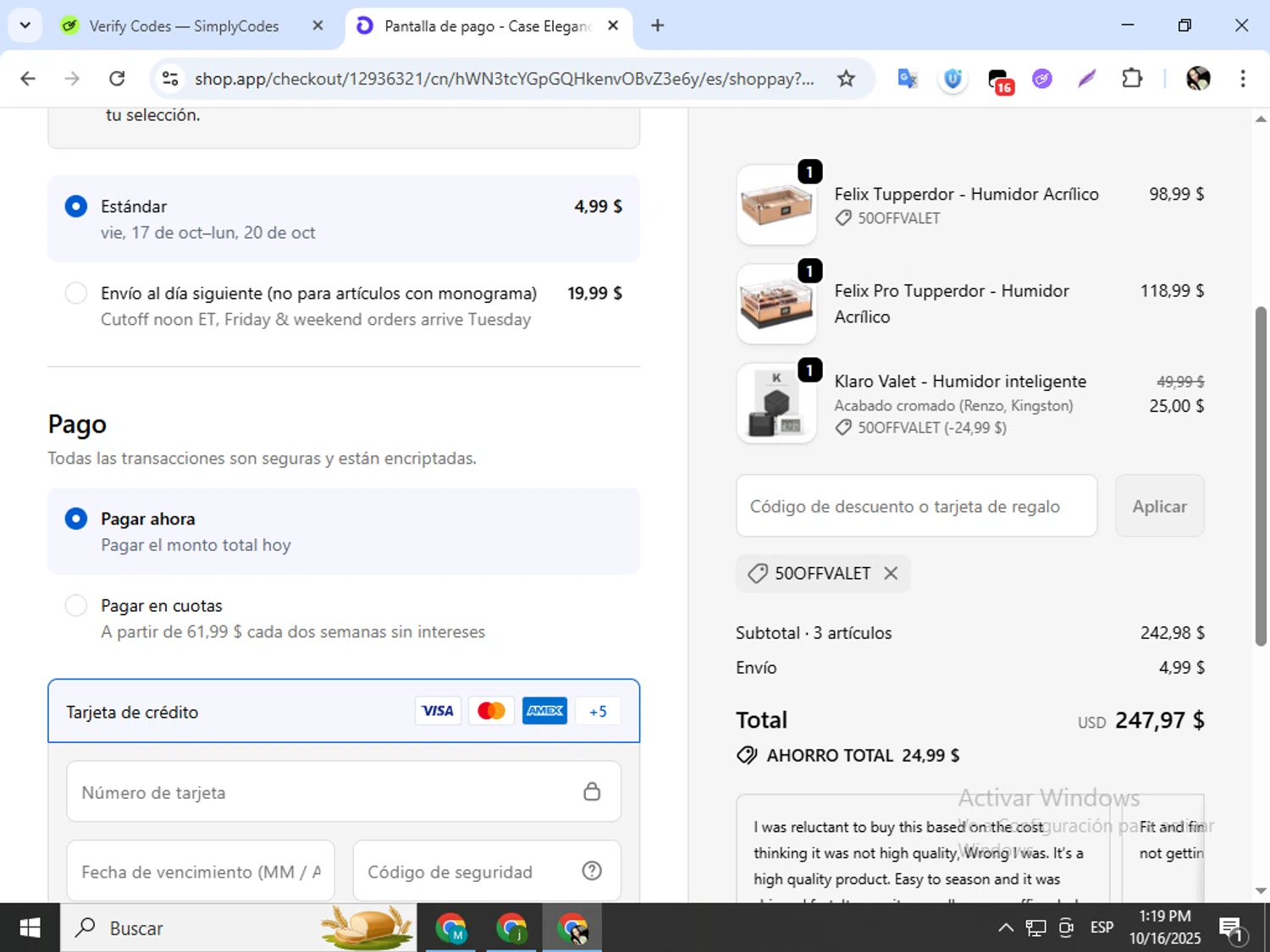Case Elegance discount code screenshot showing code 50OFFVALET applied at Case Elegance checkout page. Uploaded by SimplyCodes community member mariapolancog on Oct 16, 2025