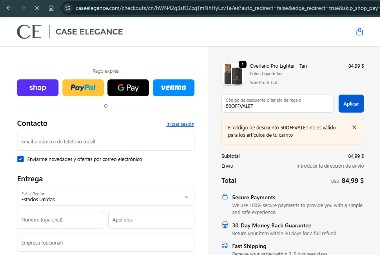 Case Elegance discount code screenshot showing code 50OFFVALET applied at Case Elegance checkout page. Uploaded by SimplyCodes community member xAngel on Oct 12, 2025