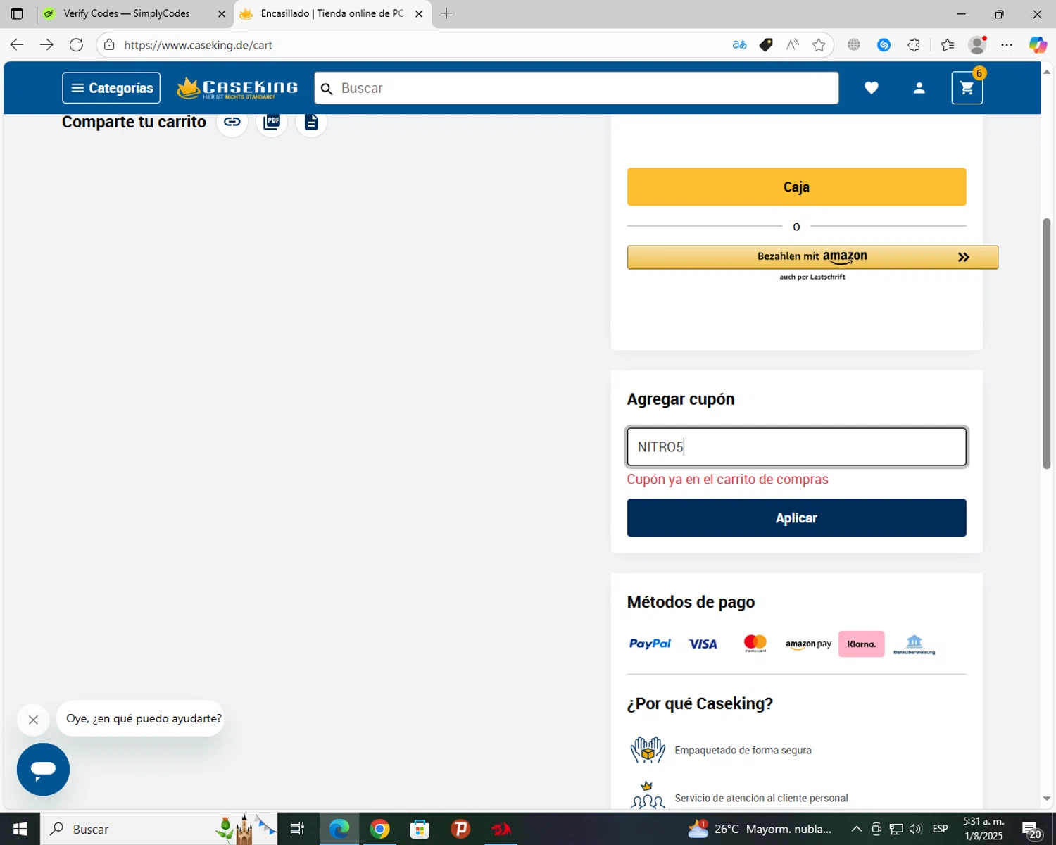 Caseking discount code screenshot showing code NITRO5 applied at Caseking checkout page. Uploaded by SimplyCodes community member jhoanDepp on Aug 1, 2025