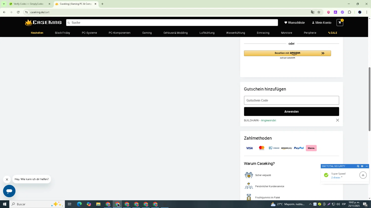 Caseking discount code screenshot showing code BUILDHAVN applied at Caseking checkout page. Uploaded by SimplyCodes community member GoldRanger7074 on Nov 26, 2025