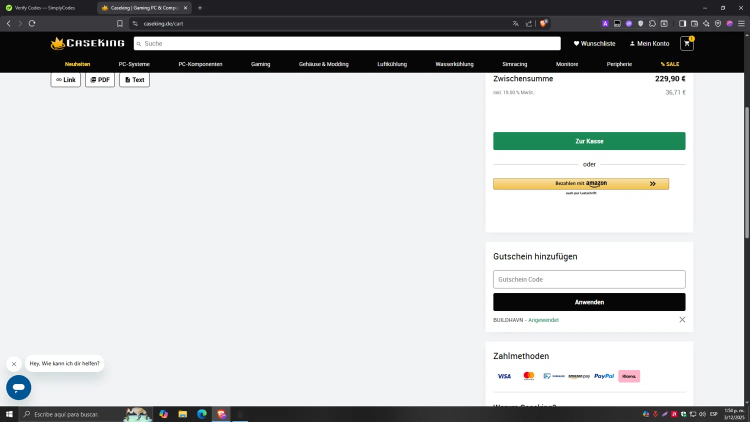 Caseking discount code screenshot showing code BUILDHAVN applied at Caseking checkout page. Uploaded by SimplyCodes community member Tragedy on Dec 3, 2025