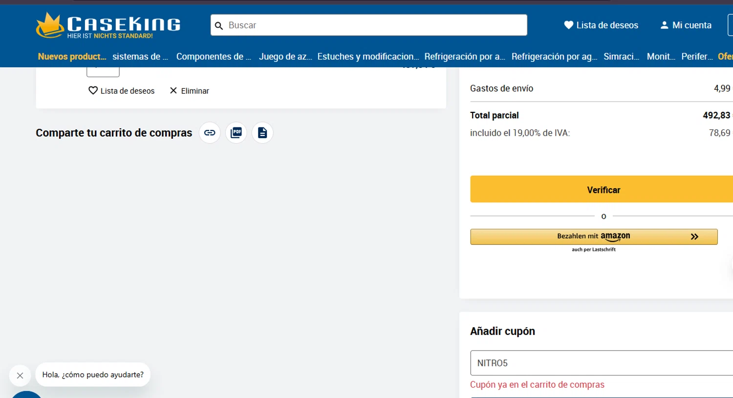 Caseking discount code screenshot showing code NITRO5 applied at Caseking checkout page. Uploaded by SimplyCodes community member ashe1986 on Jun 25, 2025