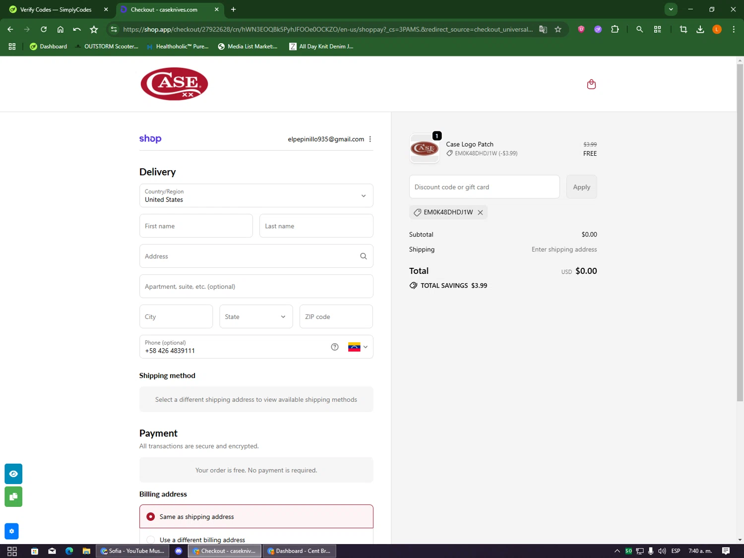 Case Knives discount code screenshot showing code EM0K48DHDJ1W applied at Case Knives checkout page. Uploaded by SimplyCodes community member DealOwl9228 on Sep 21, 2025