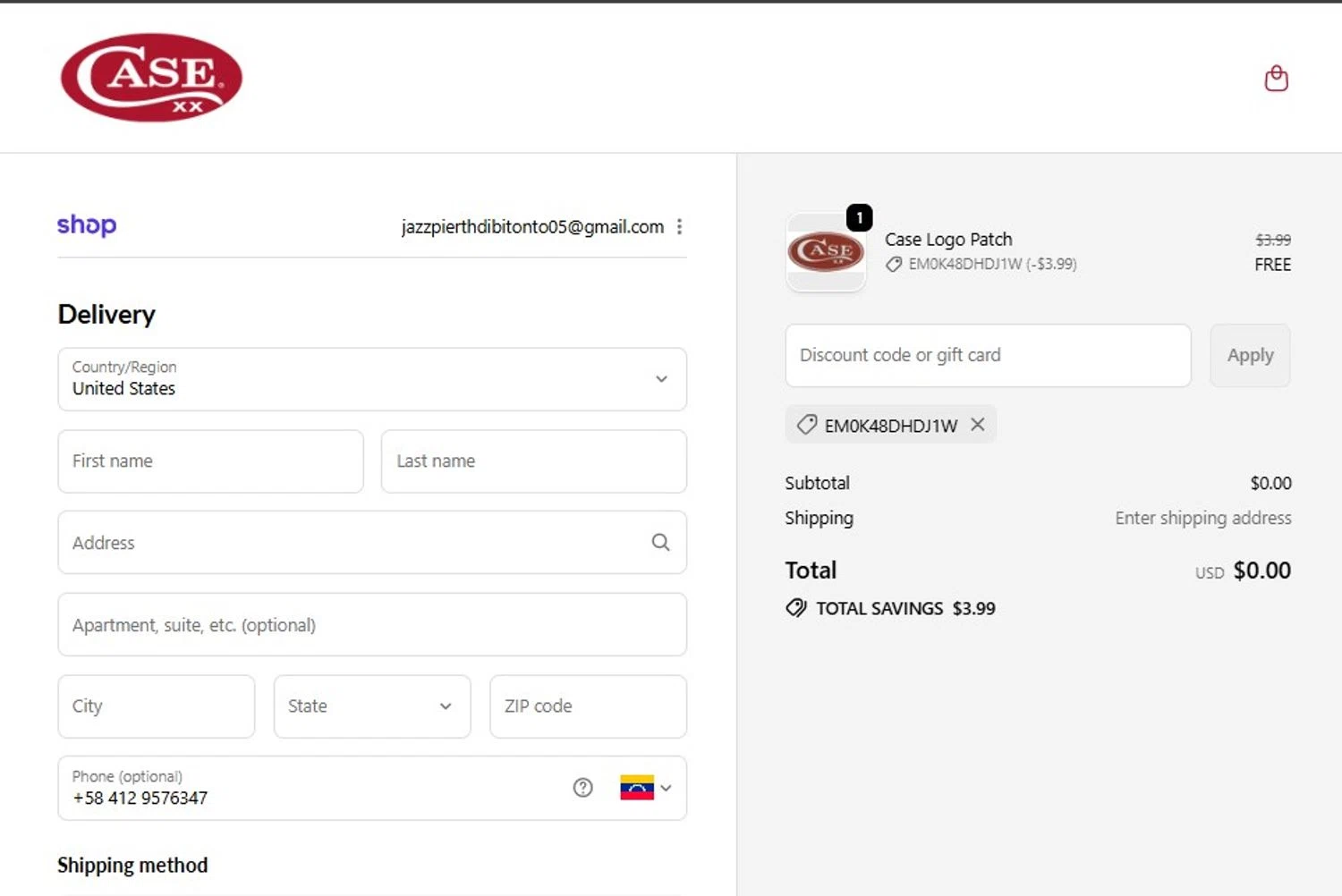 Case Knives discount code screenshot showing code EM0K48DHDJ1W applied at Case Knives checkout page. Uploaded by SimplyCodes community member FortunateScholar5901 on Oct 25, 2025