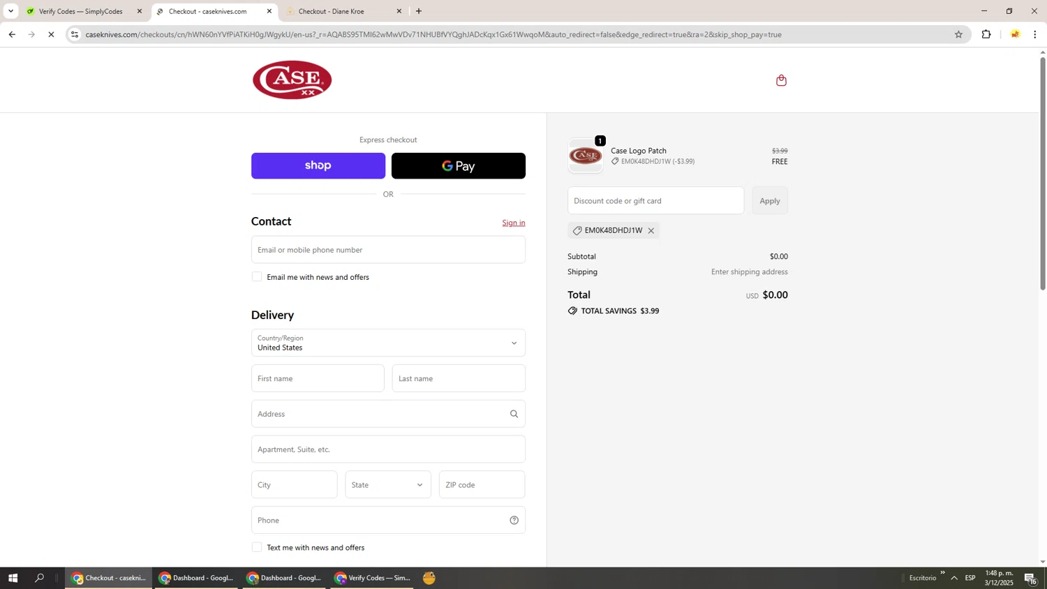 Case Knives discount code screenshot showing code EM0K48DHDJ1W applied at Case Knives checkout page. Uploaded by SimplyCodes community member Richard251 on Dec 3, 2025