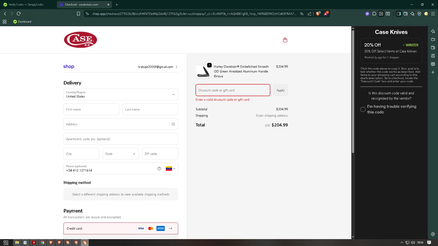 Case Knives discount code screenshot showing code WINTER applied at Case Knives checkout page. Uploaded by SimplyCodes community member CleverKnight6759 on Jan 4, 2026
