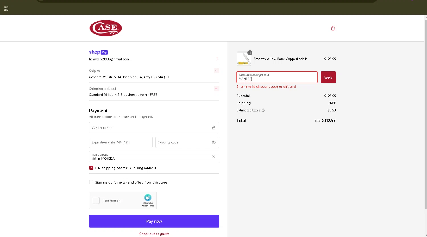 Case Knives discount code screenshot showing code WINTER applied at Case Knives checkout page. Uploaded by SimplyCodes community member WiseMaverick4603 on Feb 17, 2025