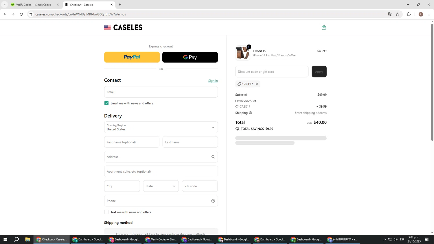 Caseles discount code screenshot showing code case17 applied at Caseles checkout page. Uploaded by SimplyCodes community member BENELLI on Oct 24, 2025