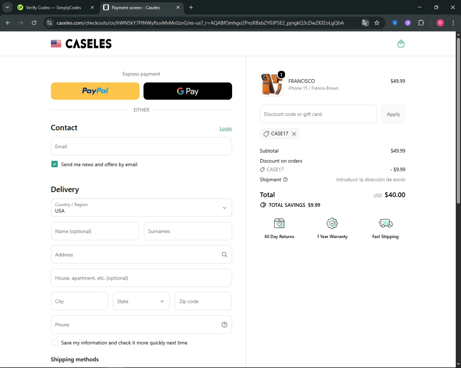 Caseles discount code screenshot showing code case17 applied at Caseles checkout page. Uploaded by SimplyCodes community member ThriftyGuardian8485 on Nov 26, 2025