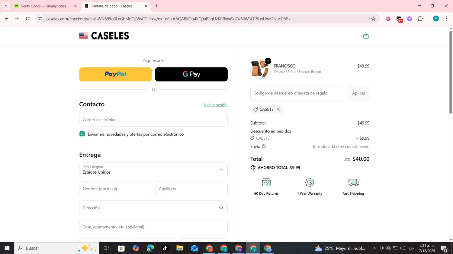 Caseles discount code screenshot showing code case17 applied at Caseles checkout page. Uploaded by SimplyCodes community member lyffytaro on Dec 7, 2025