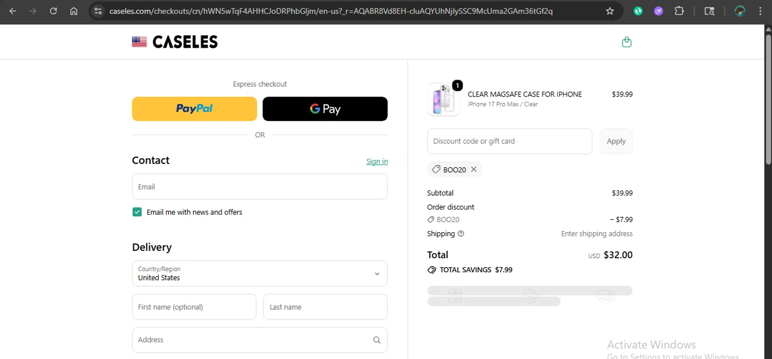 Caseles discount code screenshot showing code boo20 applied at Caseles checkout page. Uploaded by SimplyCodes community member xAngel on Dec 1, 2025