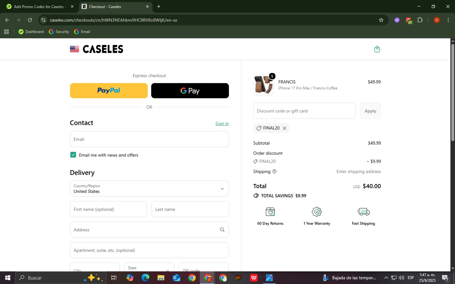 Caseles discount code screenshot showing code FINAL20 applied at Caseles checkout page. Uploaded by SimplyCodes community member LegendaryCollector9893 on Sep 25, 2025