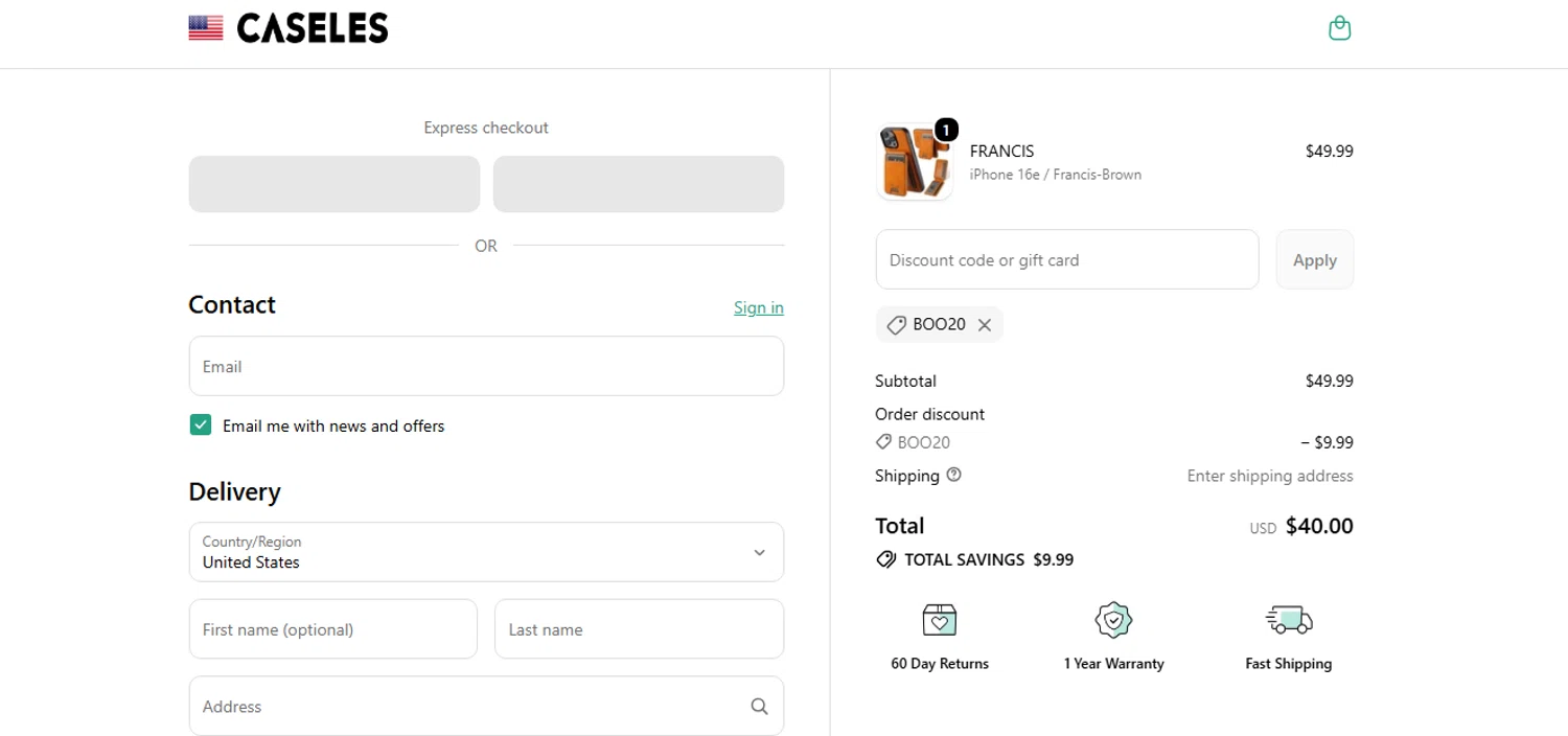 Caseles discount code screenshot showing code boo20 applied at Caseles checkout page. Uploaded by SimplyCodes community member shark12 on Oct 10, 2025