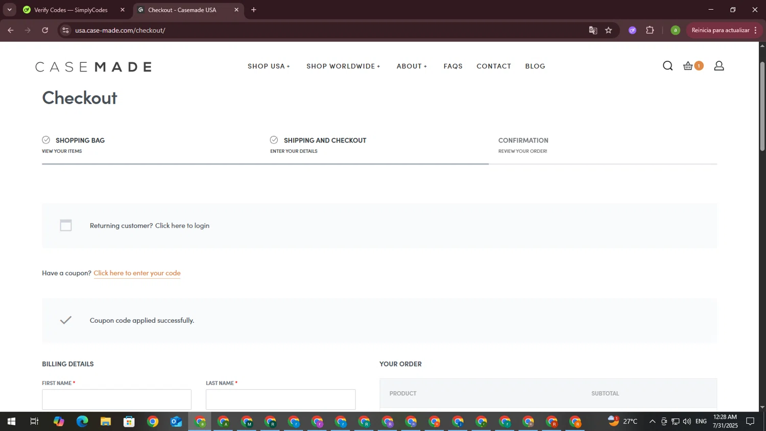 Casemade promo code screenshot showing code SAVE10 applied at Casemade checkout page. Uploaded by SimplyCodes community member DiscountSpotter1028 on Jul 31, 2025