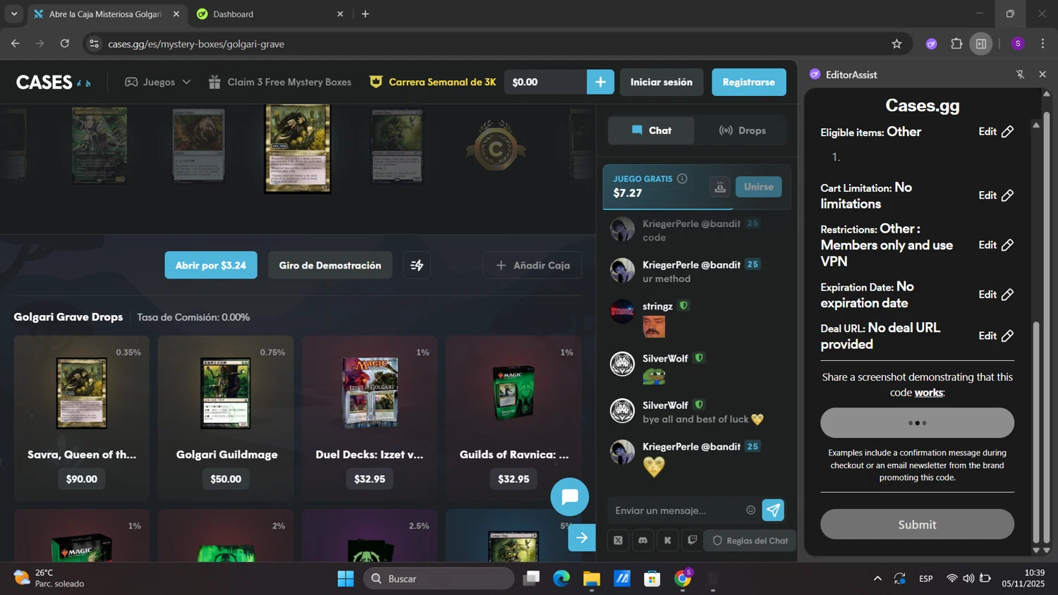 Cases.gg promo code screenshot showing code DEVN applied at Cases.gg checkout page. Uploaded by SimplyCodes community member sorialbam on Nov 5, 2025