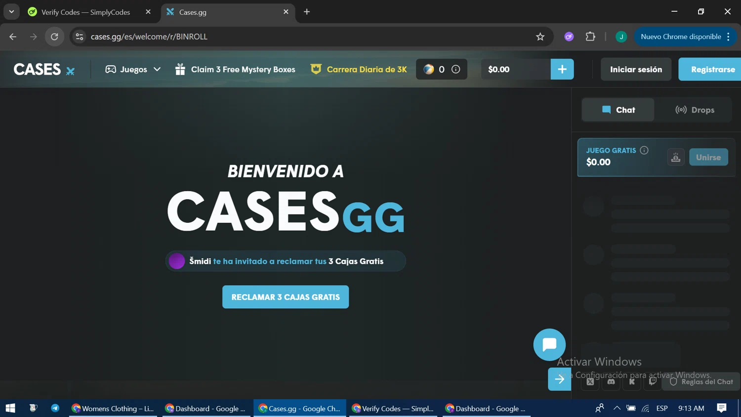 Cases.gg promo code screenshot showing code BINROLL applied at Cases.gg checkout page. Uploaded by SimplyCodes community member LuckyPioneer1051 on Sep 8, 2025