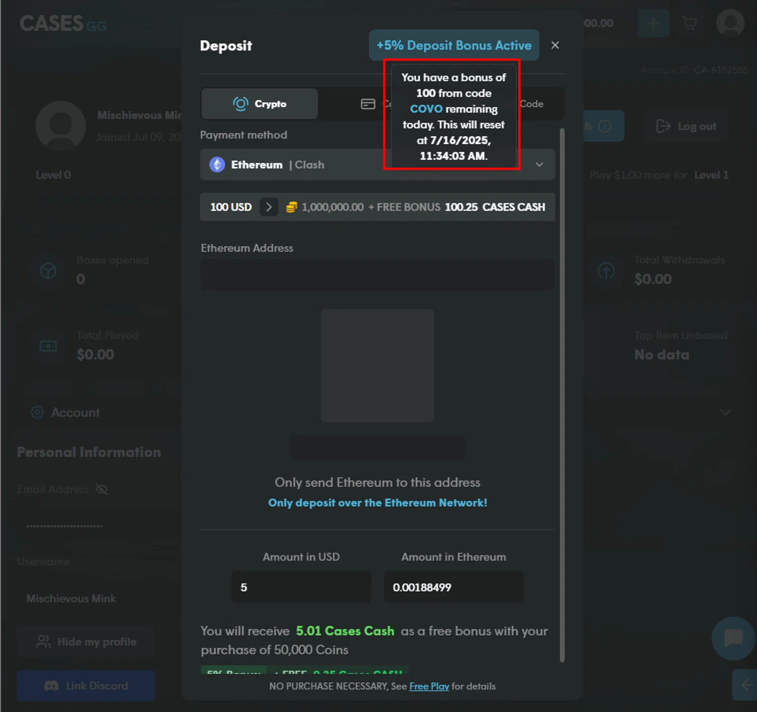 Cases.gg promo code screenshot showing code COVO applied at Cases.gg checkout page. Uploaded by SimplyCodes community member PillarsofCreation on Jul 9, 2025