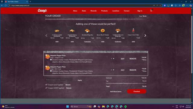 Casey's checkout page showing Casey's coupon code box | Screenshot taken by SimplyCodes community member on Sep 16, 2025