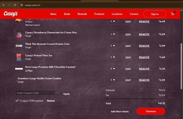 Casey's checkout page showing Casey's coupon code box | Screenshot taken by SimplyCodes community member on Sep 7, 2025