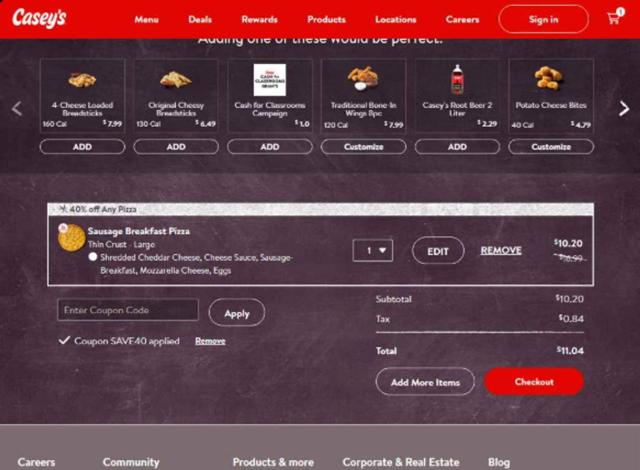 Casey's checkout page showing Casey's coupon code box | Screenshot taken by SimplyCodes community member on Sep 1, 2025