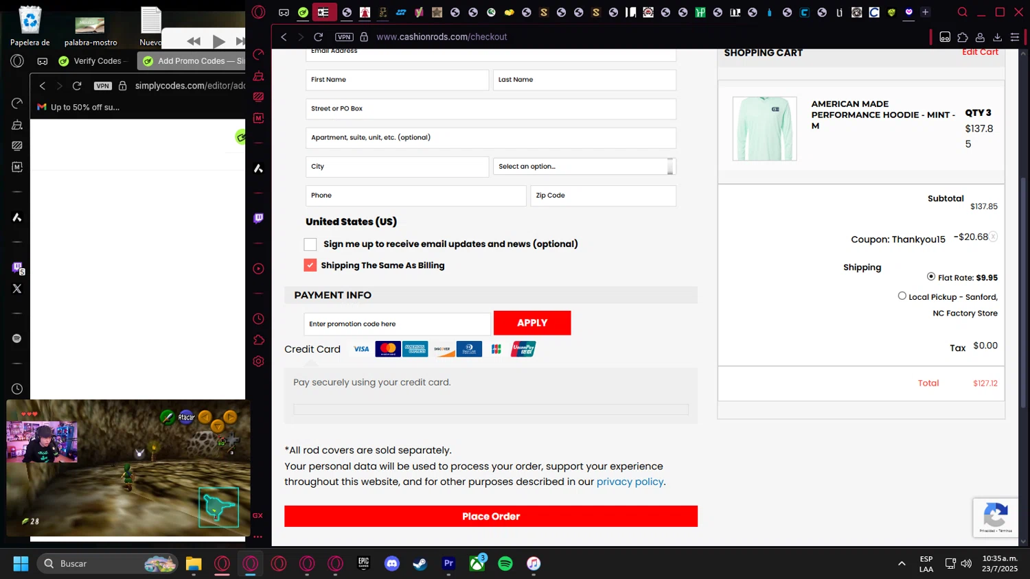Cashion Rods coupon code screenshot showing code THANKYOU15 applied at Cashion Rods checkout page. Uploaded by SimplyCodes community member leonardocamacho2 on Jul 23, 2025