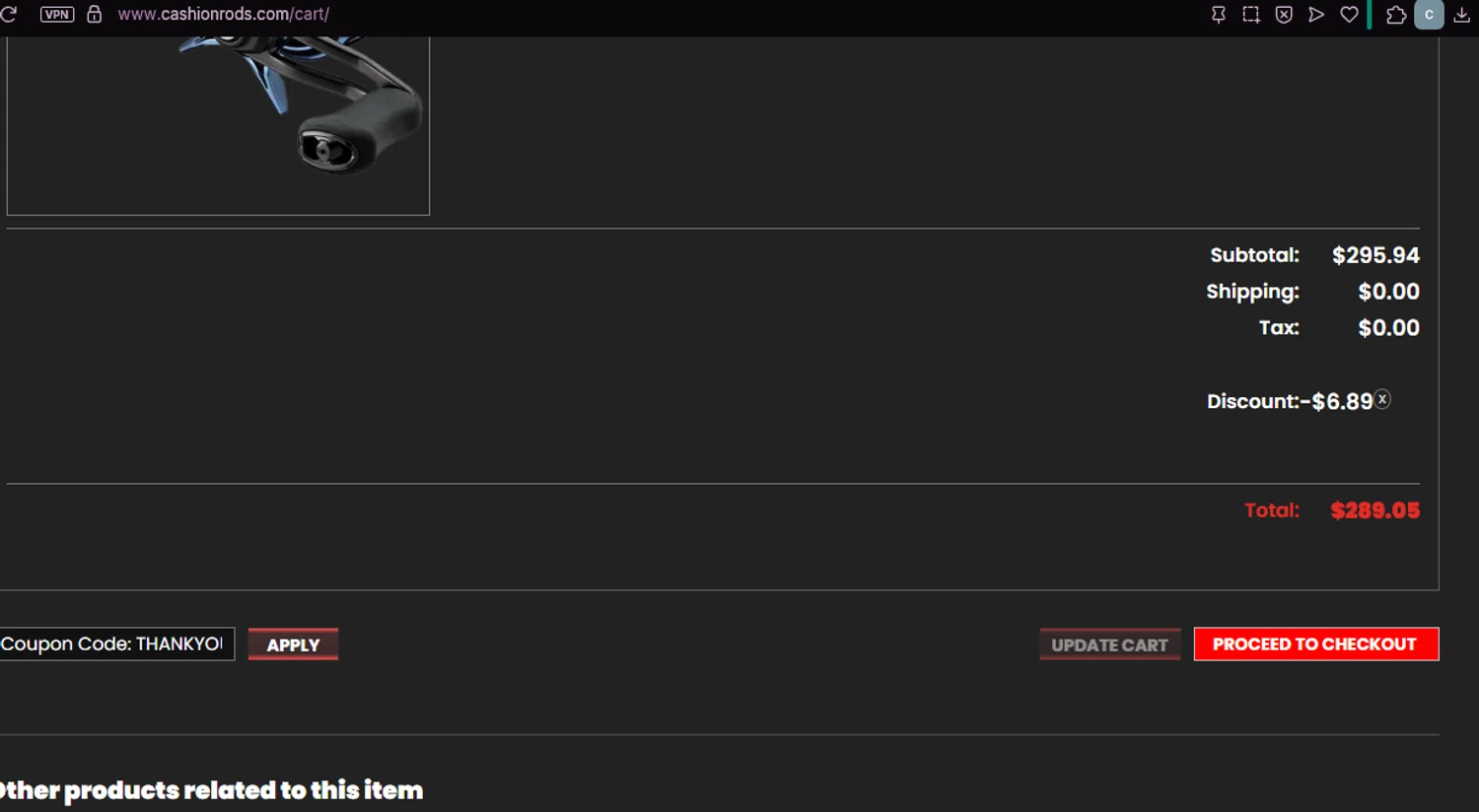 Cashion Rods coupon code screenshot showing code Thankyou10 applied at Cashion Rods checkout page. Uploaded by SimplyCodes community member chepipi on Jun 23, 2025