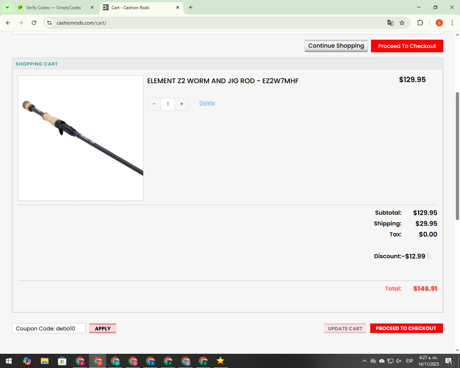 Cashion Rods coupon code screenshot showing code DEBO10 applied at Cashion Rods checkout page. Uploaded by SimplyCodes community member CrownBoss9623 on Nov 14, 2025