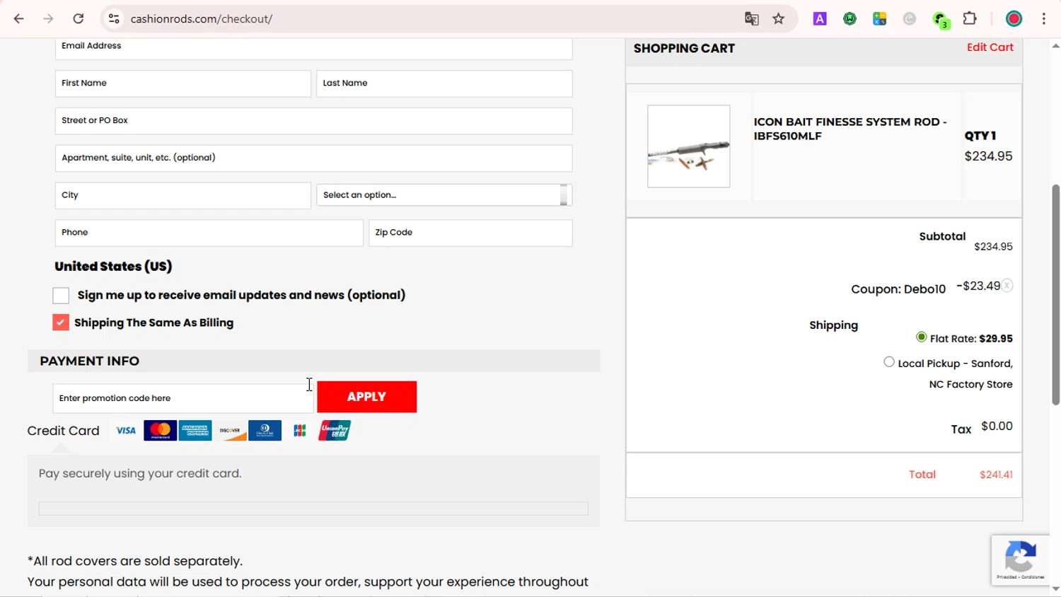 Cashion Rods coupon code screenshot showing code DEBO10 applied at Cashion Rods checkout page. Uploaded by SimplyCodes community member LOVECOUPON on Jul 20, 2025