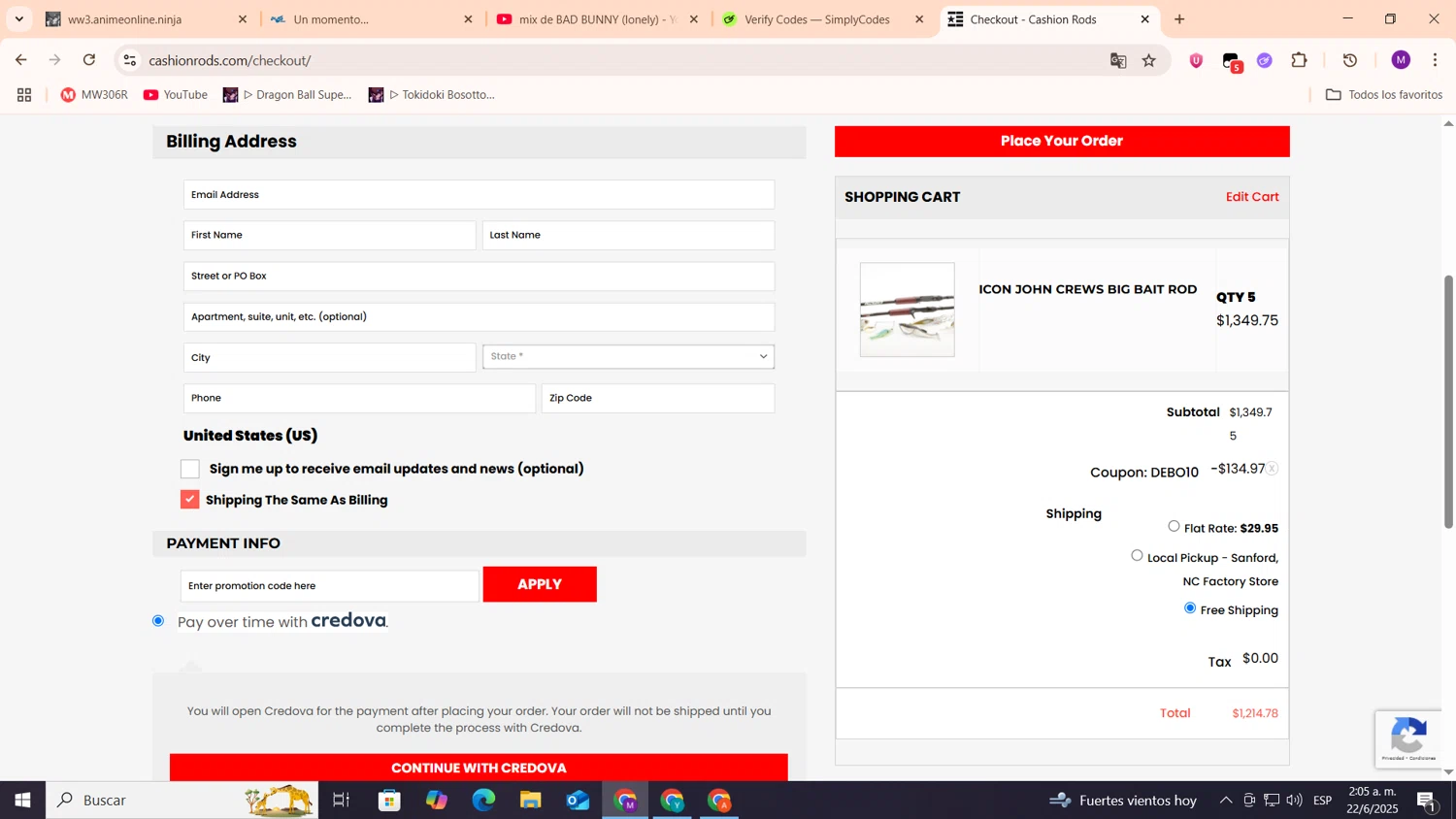Cashion Rods coupon code screenshot showing code DEBO10 applied at Cashion Rods checkout page. Uploaded by SimplyCodes community member cod_gakpo on Jun 22, 2025
