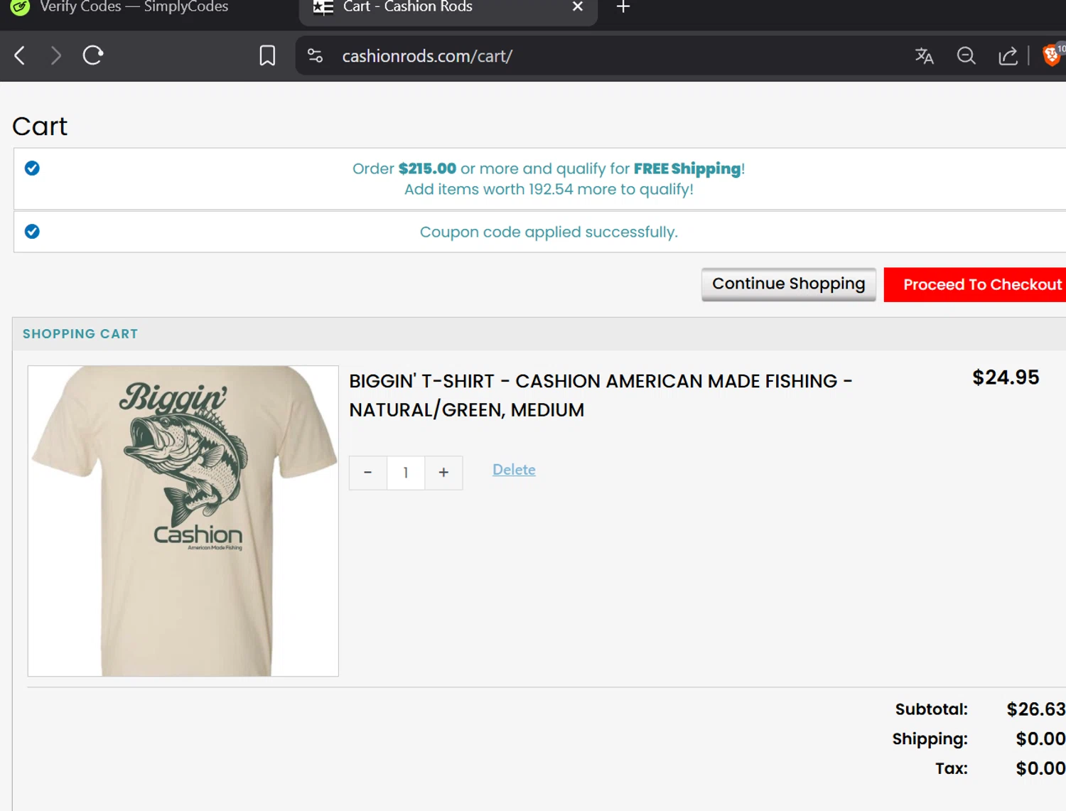 Cashion Rods coupon code screenshot showing code WELCOME10 applied at Cashion Rods checkout page. Uploaded by SimplyCodes community member CoinOwl5103 on Nov 15, 2025