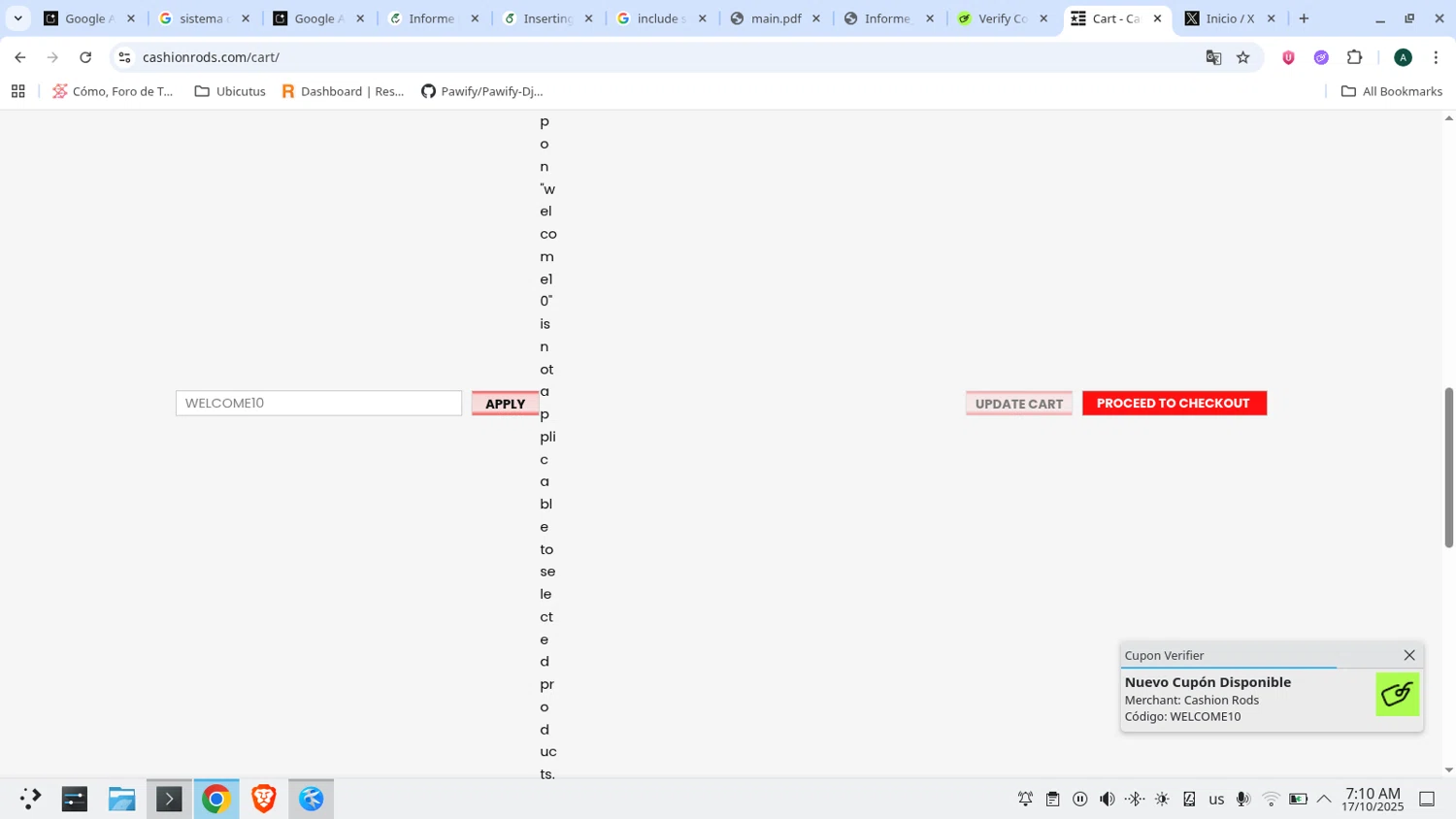 Cashion Rods coupon code screenshot showing code WELCOME10 applied at Cashion Rods checkout page. Uploaded by SimplyCodes community member admeneses on Oct 17, 2025