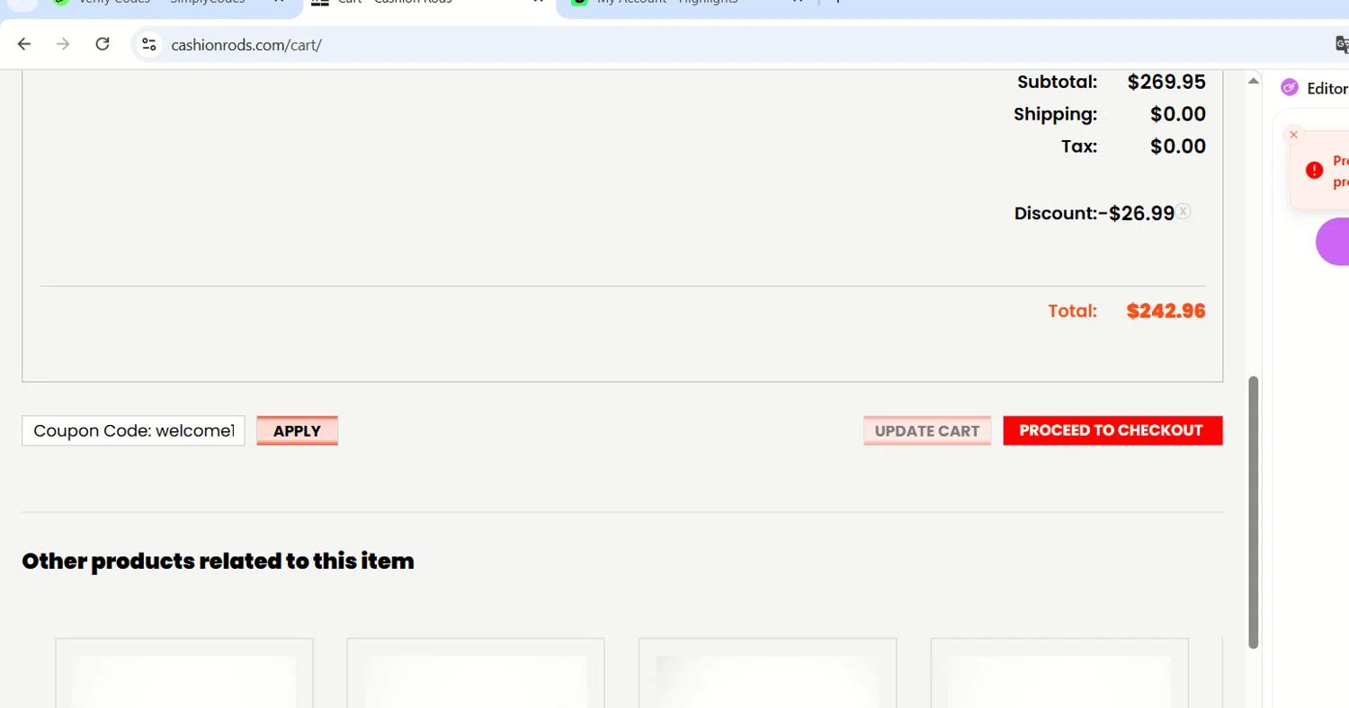 Cashion Rods coupon code screenshot showing code WELCOME10 applied at Cashion Rods checkout page. Uploaded by SimplyCodes community member mangoBajito1543 on Aug 20, 2025