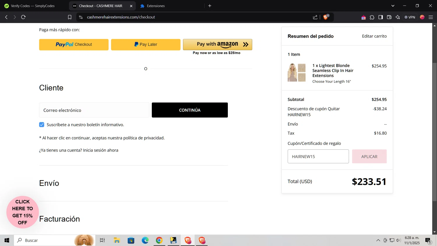Cashmere Hair discount code screenshot showing code HAIRNEW15 applied at Cashmere Hair checkout page. Uploaded by SimplyCodes community member AnthonyGTX on Jan 11, 2025