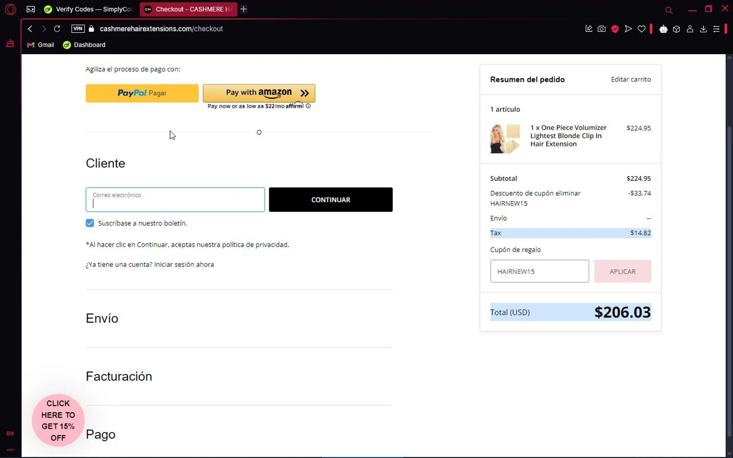 Cashmere Hair discount code screenshot showing code HAIRNEW15 applied at Cashmere Hair checkout page. Uploaded by SimplyCodes community member editor_1 on Feb 9, 2025