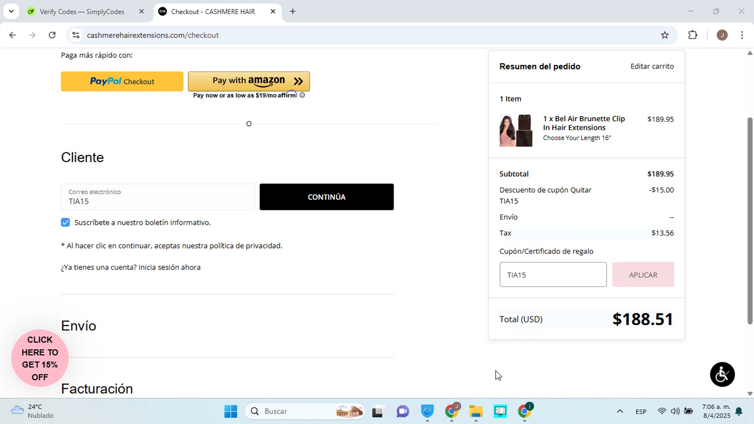 Cashmere Hair discount code screenshot showing code TIA15 applied at Cashmere Hair checkout page. Uploaded by SimplyCodes community member ABHF23 on Apr 8, 2025