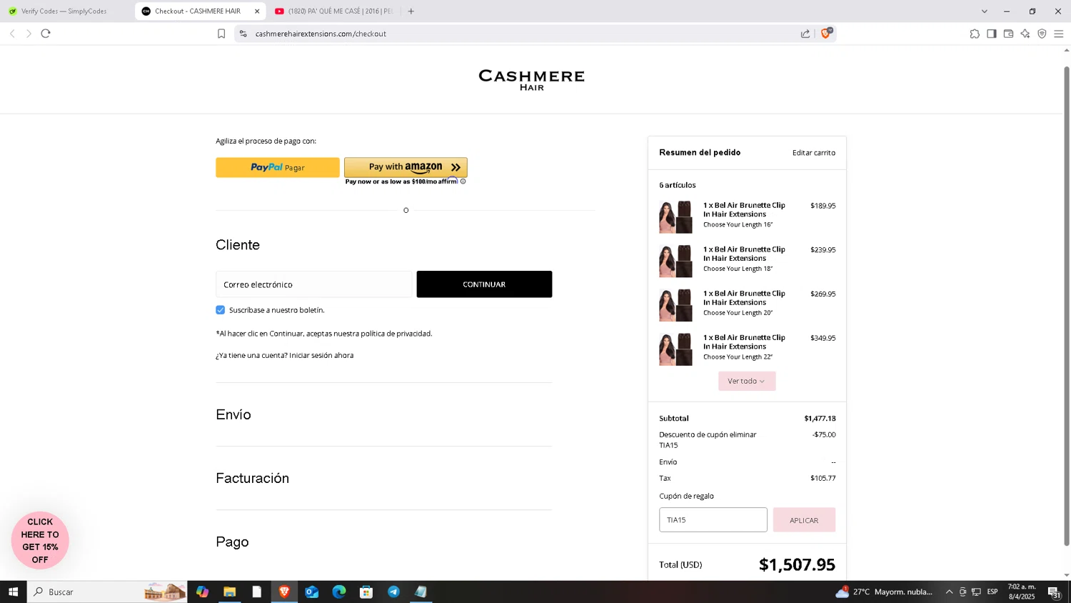 Cashmere Hair discount code screenshot showing code TIA15 applied at Cashmere Hair checkout page. Uploaded by SimplyCodes community member Carloscoder_900457733 on Apr 8, 2025