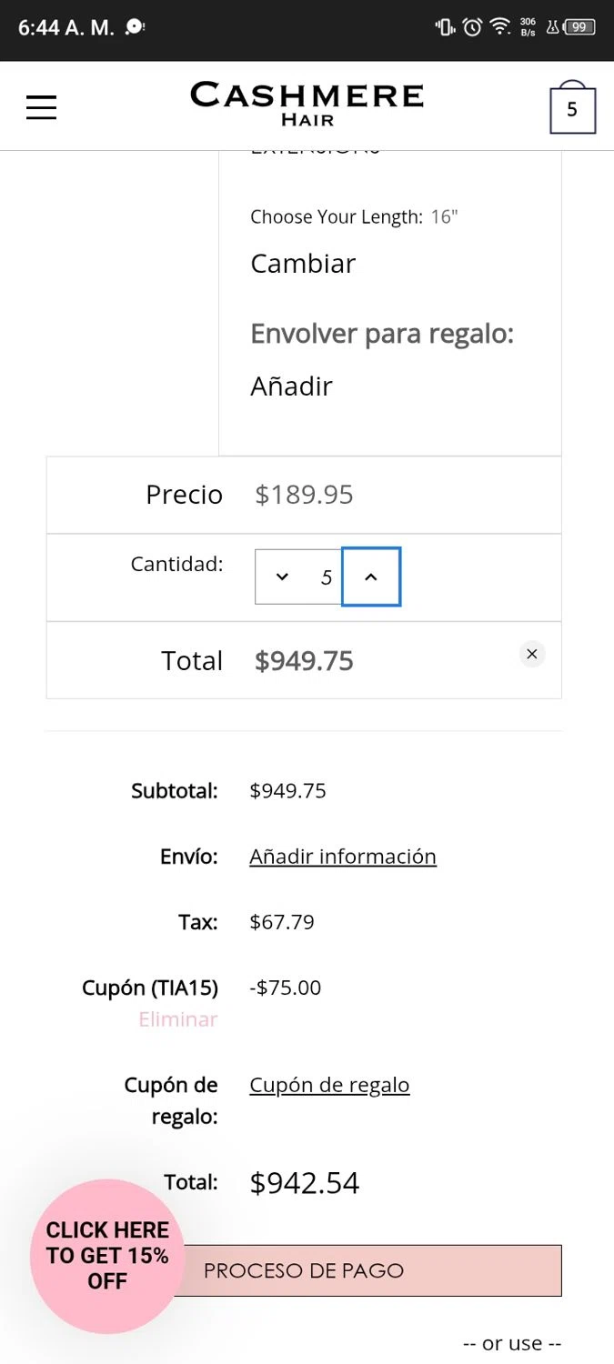 Cashmere Hair discount code screenshot showing code TIA15 applied at Cashmere Hair checkout page. Uploaded by SimplyCodes community member lisethchirino on Jun 5, 2025