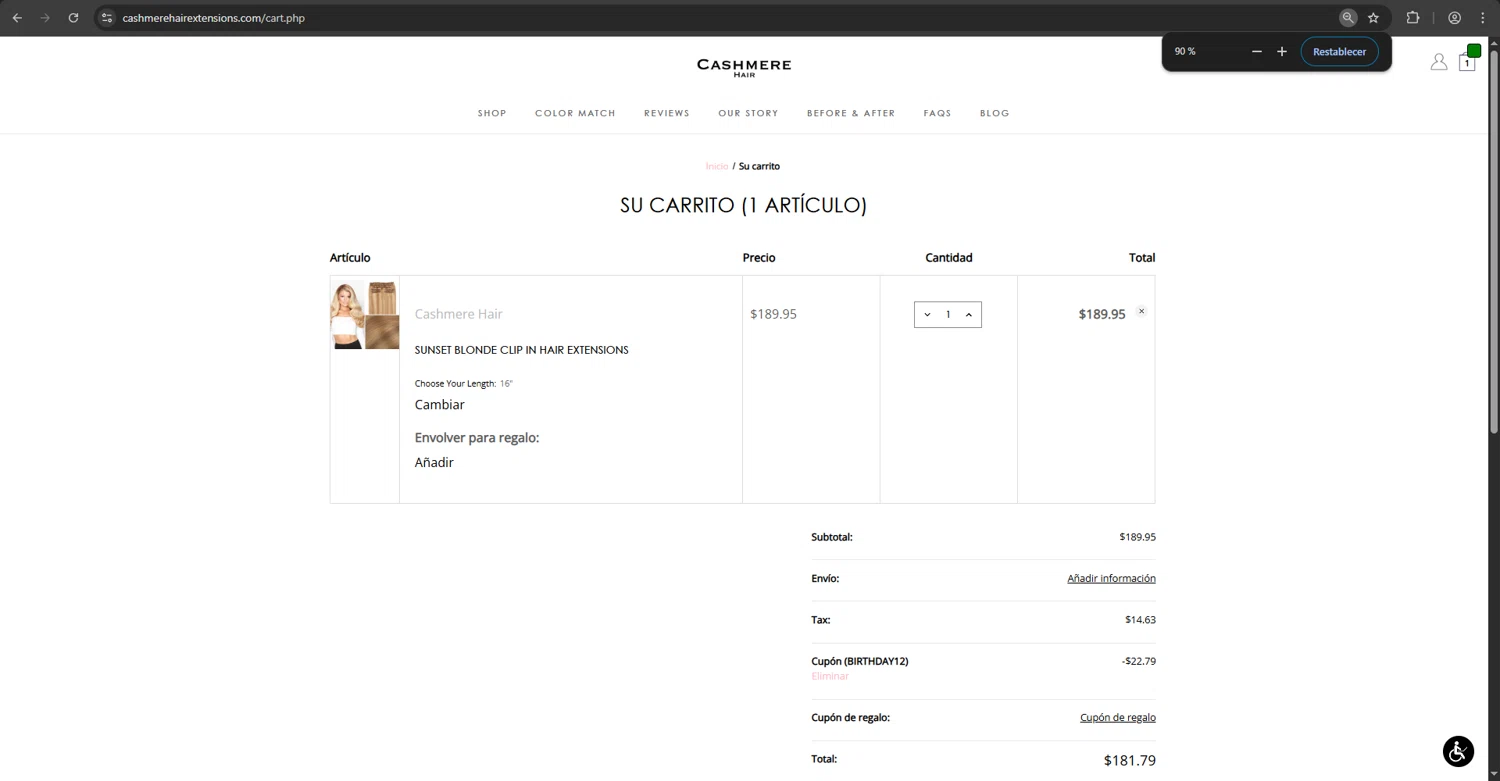 Cashmere Hair discount code screenshot showing code BIRTHDAY12 applied at Cashmere Hair checkout page. Uploaded by SimplyCodes community member 61664350 on Oct 2, 2025