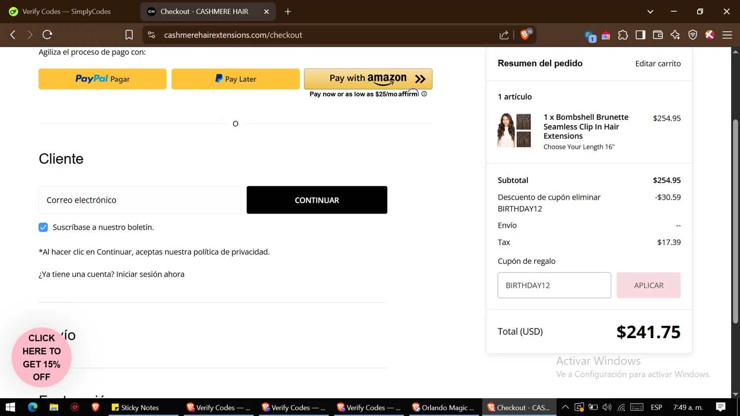 Cashmere Hair discount code screenshot showing code BIRTHDAY12 applied at Cashmere Hair checkout page. Uploaded by SimplyCodes community member ThriftyGenius6699 on Apr 11, 2025