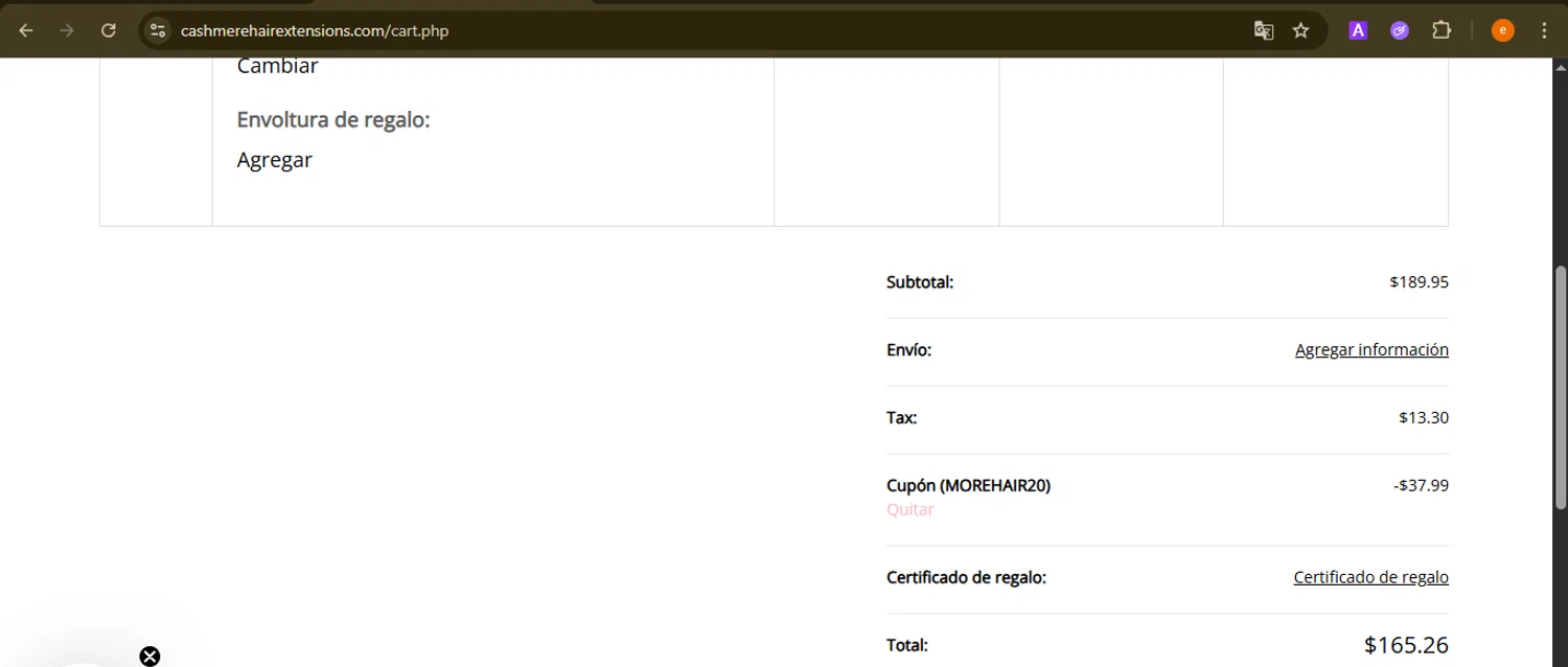 Cashmere Hair checkout page showing Cashmere Hair discount code box | Screenshot taken by SimplyCodes community member on Jan 22, 2026