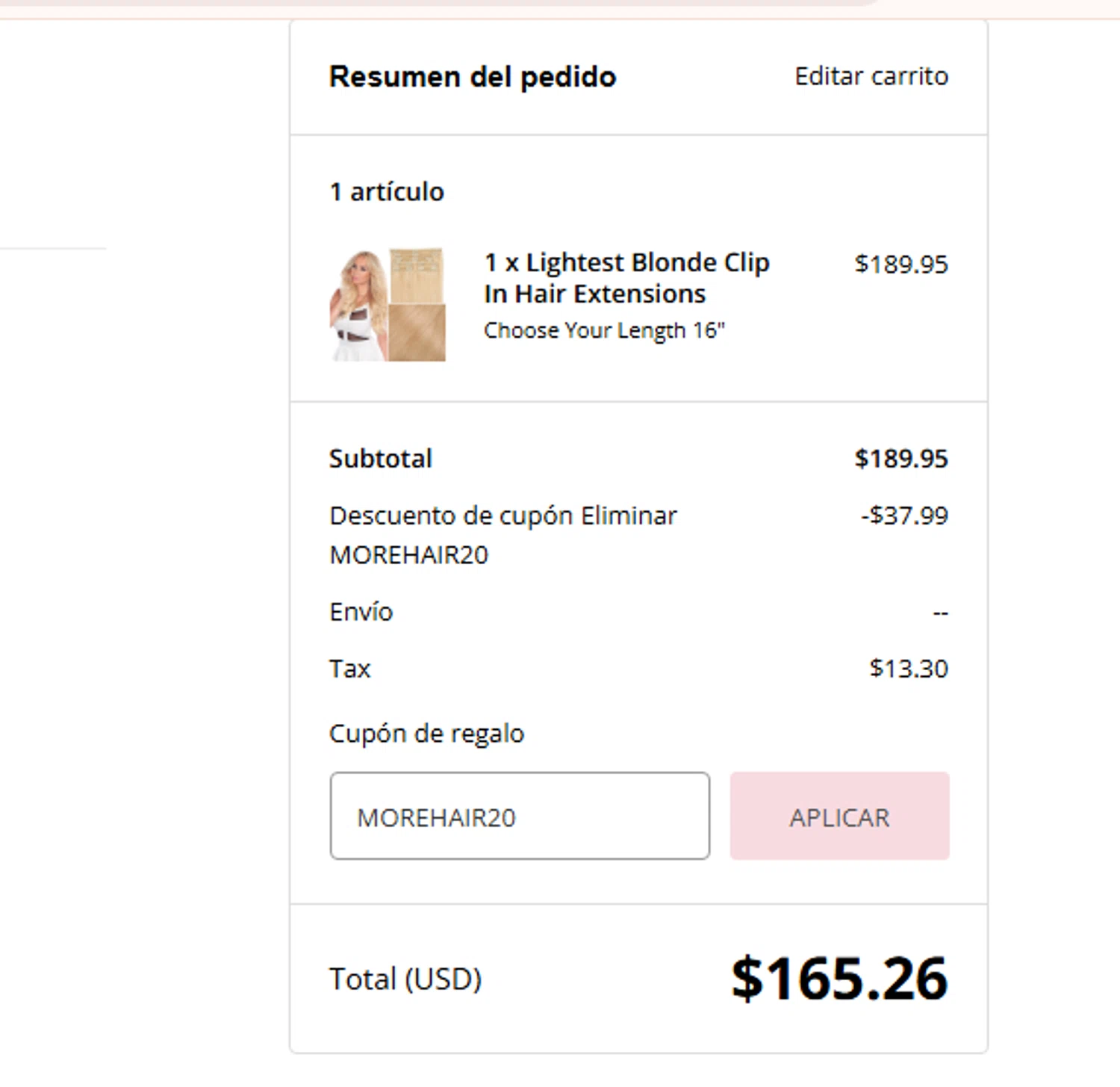 Cashmere Hair discount code screenshot showing code MOREHAIR20 applied at Cashmere Hair checkout page. Uploaded by SimplyCodes community member RewardCurator5232 on Nov 25, 2025