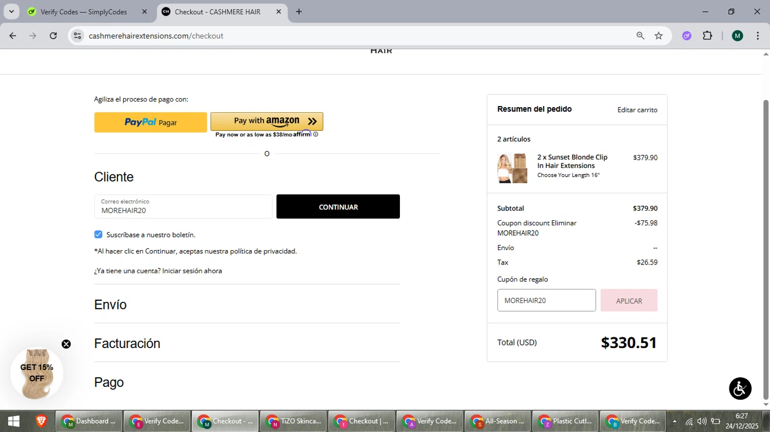 Cashmere Hair discount code screenshot showing code MOREHAIR20 applied at Cashmere Hair checkout page. Uploaded by SimplyCodes community member suieeloves on Dec 24, 2025