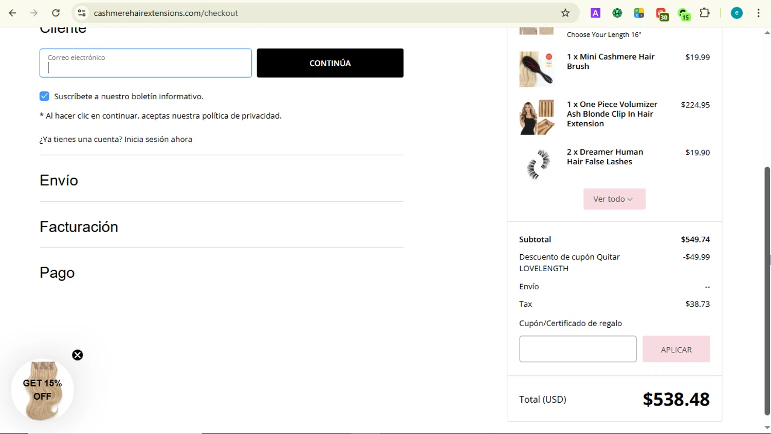Cashmere Hair discount code screenshot showing code LOVELENGTH applied at Cashmere Hair checkout page. Uploaded by SimplyCodes community member LOVECOUPON on Sep 28, 2025
